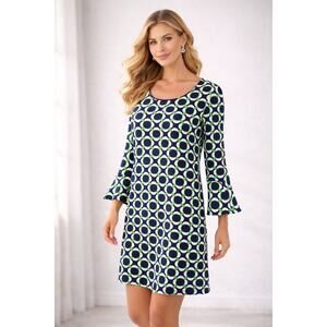 Katherine Way Blue Green Geometric Print Dress Size L Made USA